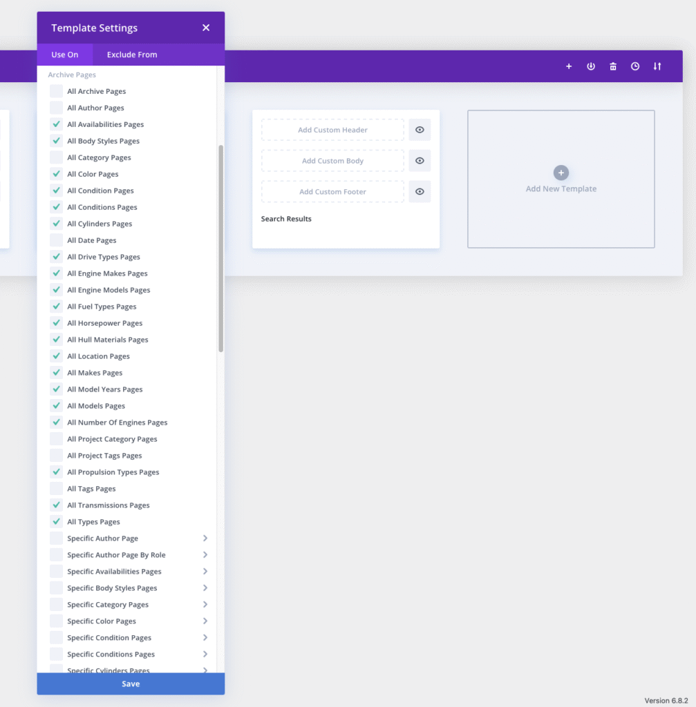 Screenshot shows a Template Settings' "Use On" panel in Divi Builder. In the Archive Pages list, these items are checked: All Availabilities Pages, All Body Styles Pages, All Color Pages, All Condition Pages, All Cylinders Pages, All Drive Types Pages, All Engine Makes Pages, All Engine Models Pages, All Fuel Types Pages, All Horsepower Pages, All Hull Materials Pages, All Location Pages, All Makes Pages, All Model Years Pages, All Model Pages, All Number of Engines Pages, All Propulsion Types Pages, All Transmissions Pages, and All Types Pages.